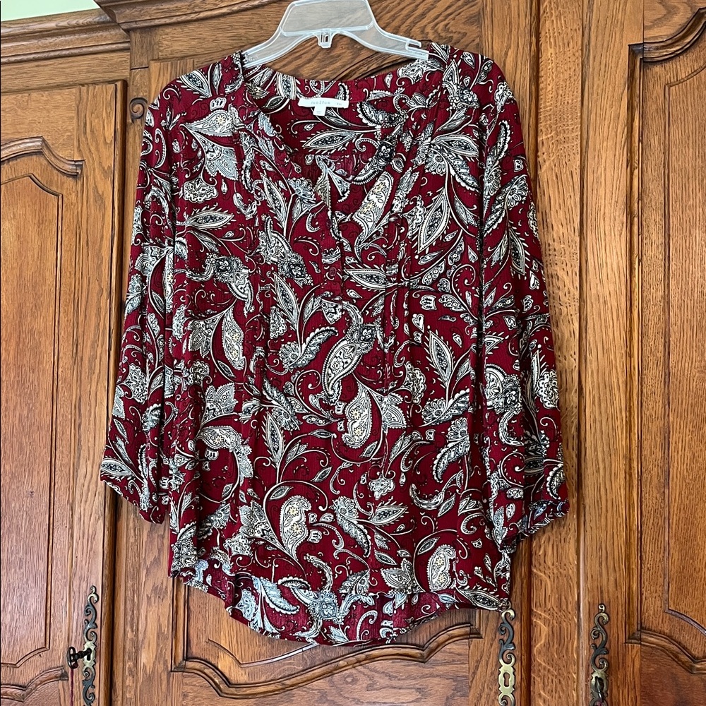 Fun 2 Fun Burgundy and White Paisley Blouse